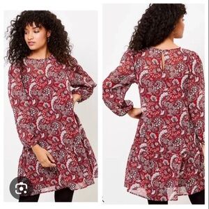 EUC LOFT Dress Shimmer Paisley Red Flounce Hem Shift Sheer Lined Small Petite